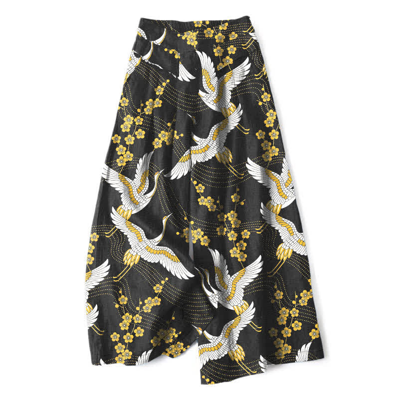 Buddha Stones Pantaloni da donna in cotone e lino con elastico in vita e gamba larga, fantasia a fiori di gru, con tasche. - Nero - US16, UK/AU20, EU48 (3XL) - image 0