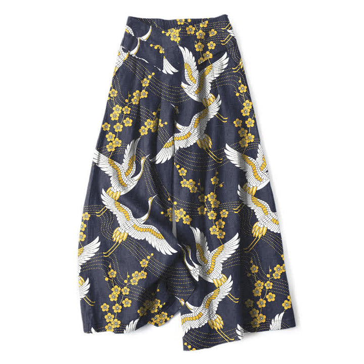 Buddha Stones Pantaloni da donna in cotone e lino con elastico in vita e gamba larga, fantasia a fiori di gru, con tasche. - Marina - US16, UK/AU20, EU48 (3XL) - image 5