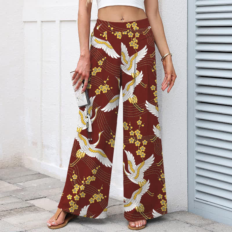 Buddha Stones Pantaloni da donna in cotone e lino con elastico in vita e gamba larga, fantasia a fiori di gru, con tasche. - image 8