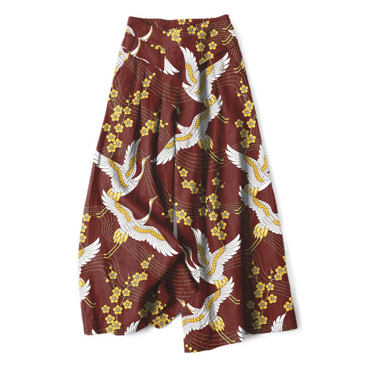 Buddha Stones Pantaloni da donna in cotone e lino con elastico in vita e gamba larga, fantasia a fiori di gru, con tasche. - Marrone - US16, UK/AU20, EU48 (3XL) - image 7