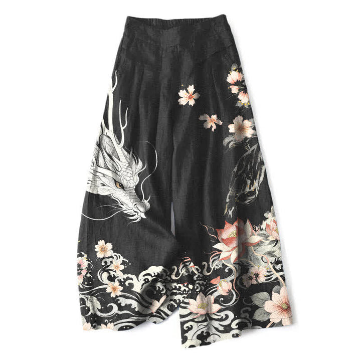 Buddha Stones Pantaloni da donna in cotone e lino con motivo drago orientale, vita elasticizzata e gamba larga, con tasche. - Nero - US16, UK/AU20, EU48 (3XL) - image 0