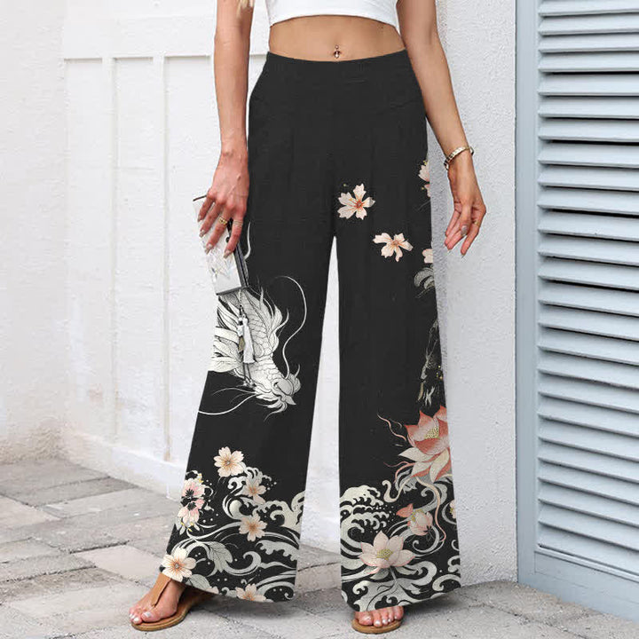 Buddha Stones Pantaloni da donna in cotone e lino con motivo drago orientale, vita elasticizzata e gamba larga, con tasche. - image 1