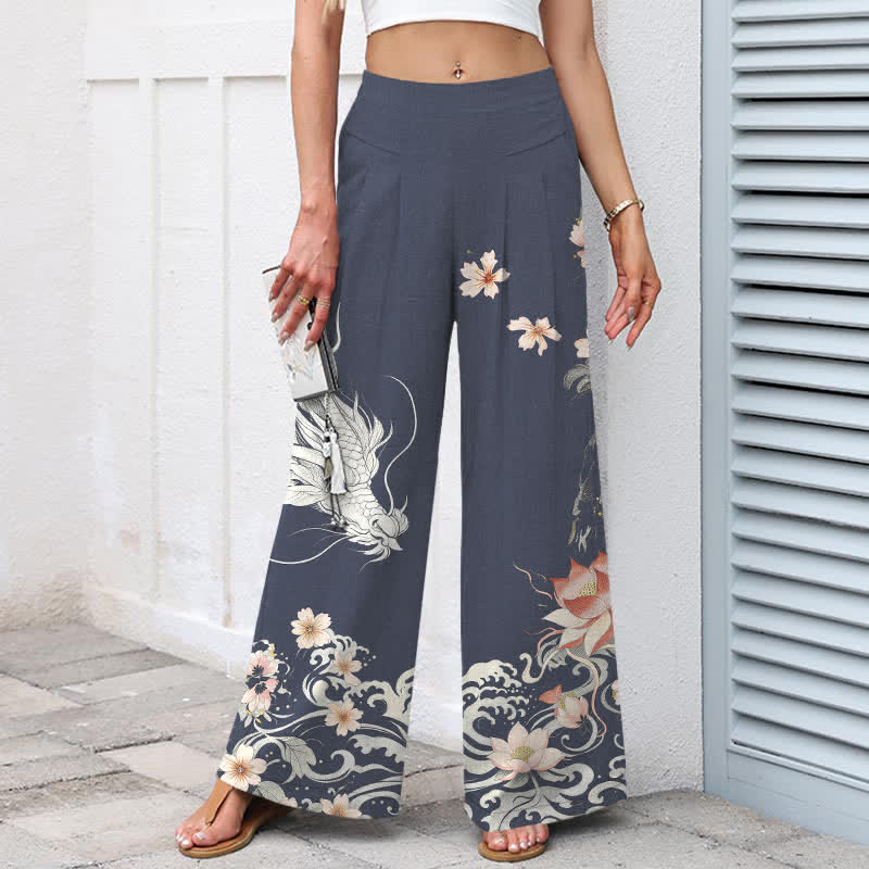 Buddha Stones Pantaloni da donna in cotone e lino con motivo drago orientale, vita elasticizzata e gamba larga, con tasche. - image 6