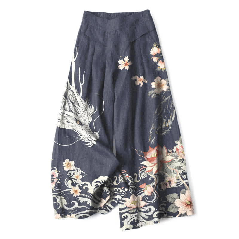 Buddha Stones Pantaloni da donna in cotone e lino con motivo drago orientale, vita elasticizzata e gamba larga, con tasche. - Marina - US16, UK/AU20, EU48 (3XL) - image 5