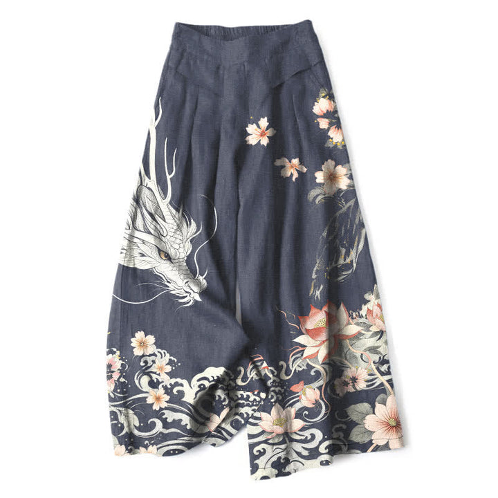 Buddha Stones Pantaloni da donna in cotone e lino con motivo drago orientale, vita elasticizzata e gamba larga, con tasche. - Marina - US16, UK/AU20, EU48 (3XL) - image 5