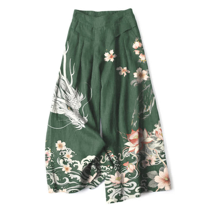 Buddha Stones Pantaloni da donna in cotone e lino con motivo drago orientale, vita elasticizzata e gamba larga, con tasche. - Verde studentesco - US16, UK/AU20, EU48 (3XL) - image 7