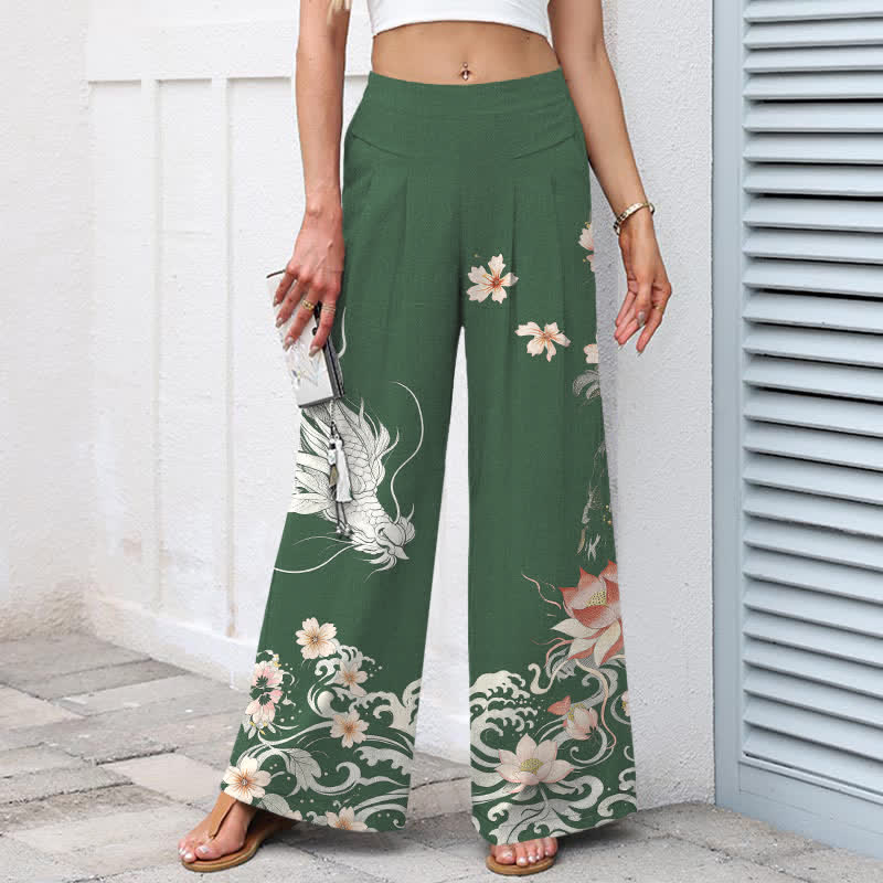 Buddha Stones Pantaloni da donna in cotone e lino con motivo drago orientale, vita elasticizzata e gamba larga, con tasche. - image 8