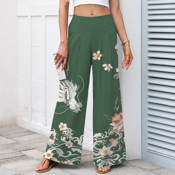 Buddha Stones Pantaloni da donna in cotone e lino con motivo drago orientale, vita elasticizzata e gamba larga, con tasche. - image 8