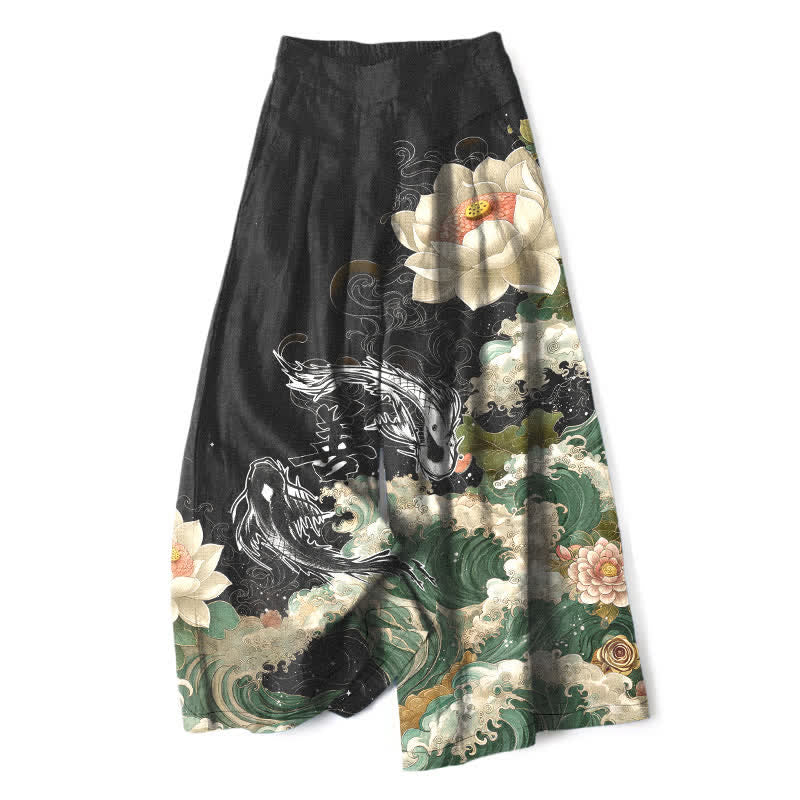 Buddha Stones Pantaloni da donna in cotone e lino con elastico in vita e gamba larga, fantasia Lotus Koi Wave, con tasche. - Nero - US16, UK/AU20, EU48 (3XL) - image 0