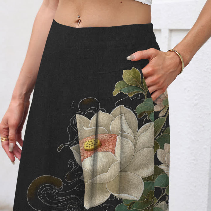Buddha Stones Pantaloni da donna in cotone e lino con elastico in vita e gamba larga, fantasia Lotus Koi Wave, con tasche. - image 2