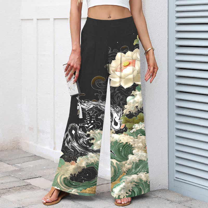 Buddha Stones Pantaloni da donna in cotone e lino con elastico in vita e gamba larga, fantasia Lotus Koi Wave, con tasche. - image 1