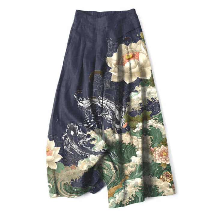 Buddha Stones Pantaloni da donna in cotone e lino con elastico in vita e gamba larga, fantasia Lotus Koi Wave, con tasche. - Marina - US16, UK/AU20, EU48 (3XL) - image 5