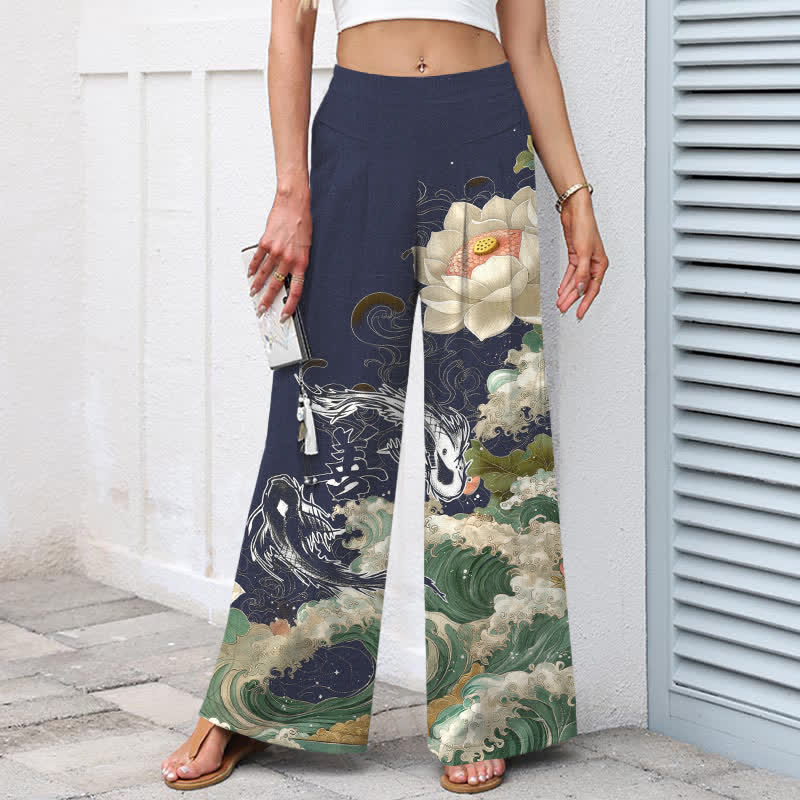 Buddha Stones Pantaloni da donna in cotone e lino con elastico in vita e gamba larga, fantasia Lotus Koi Wave, con tasche. - image 6