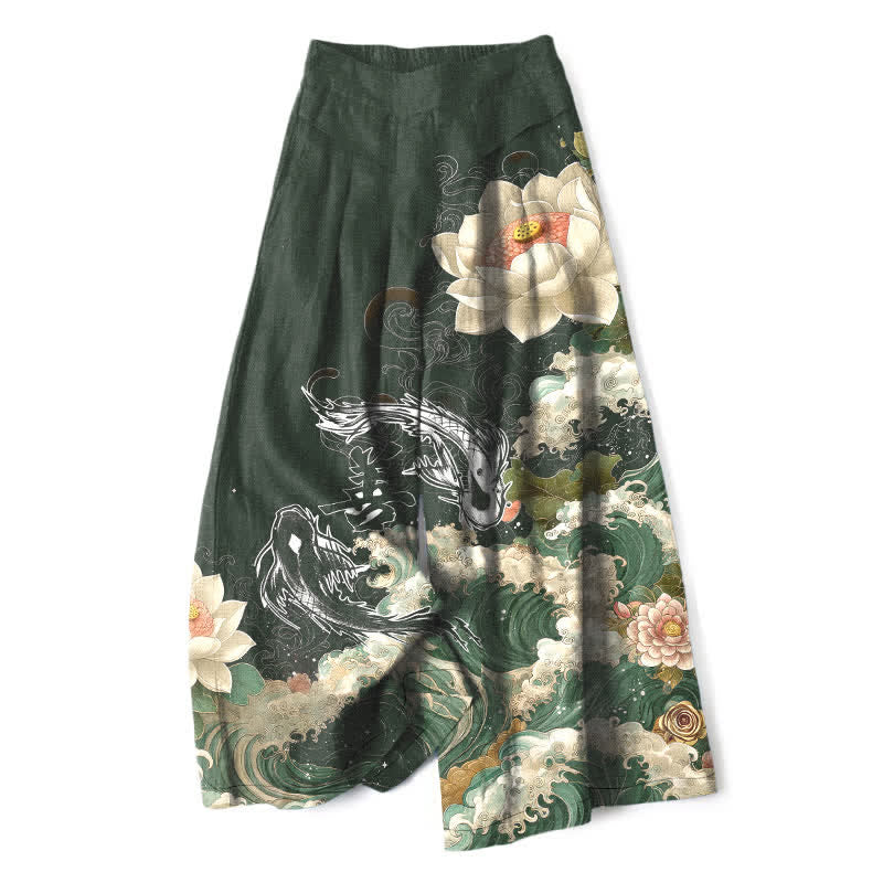 Buddha Stones Pantaloni da donna in cotone e lino con elastico in vita e gamba larga, fantasia Lotus Koi Wave, con tasche. - Verde scuro - US16, UK/AU20, EU48 (3XL) - image 7