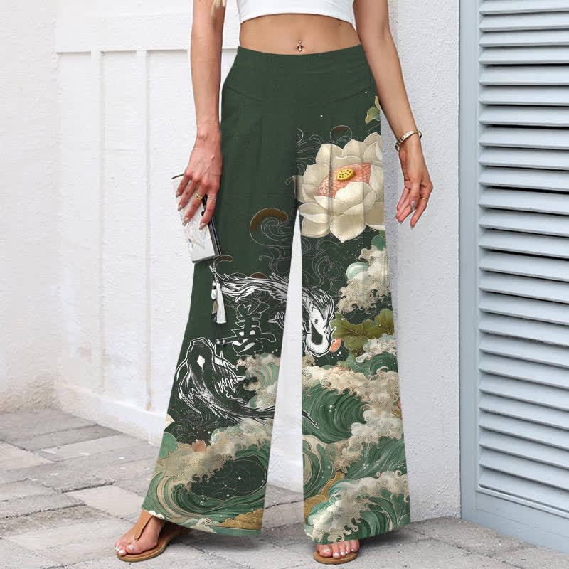 Buddha Stones Pantaloni da donna in cotone e lino con elastico in vita e gamba larga, fantasia Lotus Koi Wave, con tasche. - image 8