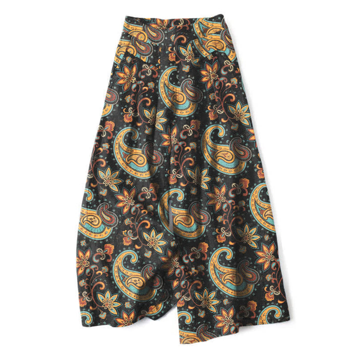 Buddha Stones Pantaloni da donna a gamba larga in cotone e lino con elastico in vita e motivo floreale paisley in stile bohémien, con tasche. - Nero - US16, UK/AU20, EU48 (3XL) - image 0