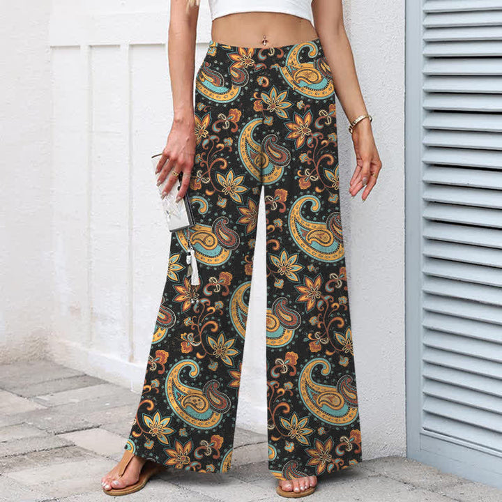 Buddha Stones Pantaloni da donna a gamba larga in cotone e lino con elastico in vita e motivo floreale paisley in stile bohémien, con tasche. - image 1