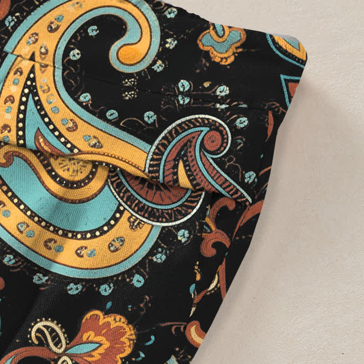 Buddha Stones Pantaloni da donna a gamba larga in cotone e lino con elastico in vita e motivo floreale paisley in stile bohémien, con tasche. - image 3