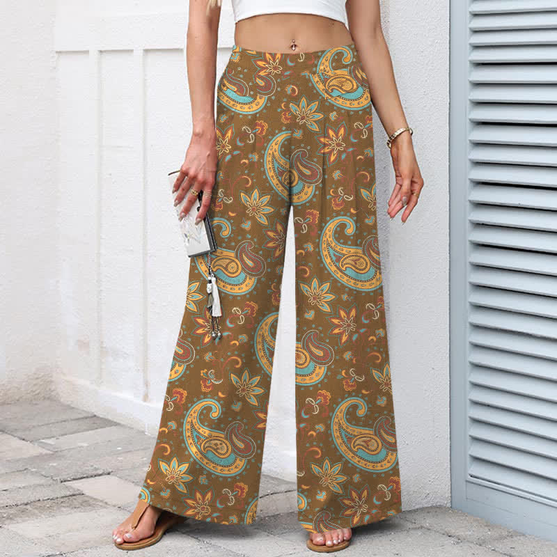 Buddha Stones Pantaloni da donna a gamba larga in cotone e lino con elastico in vita e motivo floreale paisley in stile bohémien, con tasche. - image 6