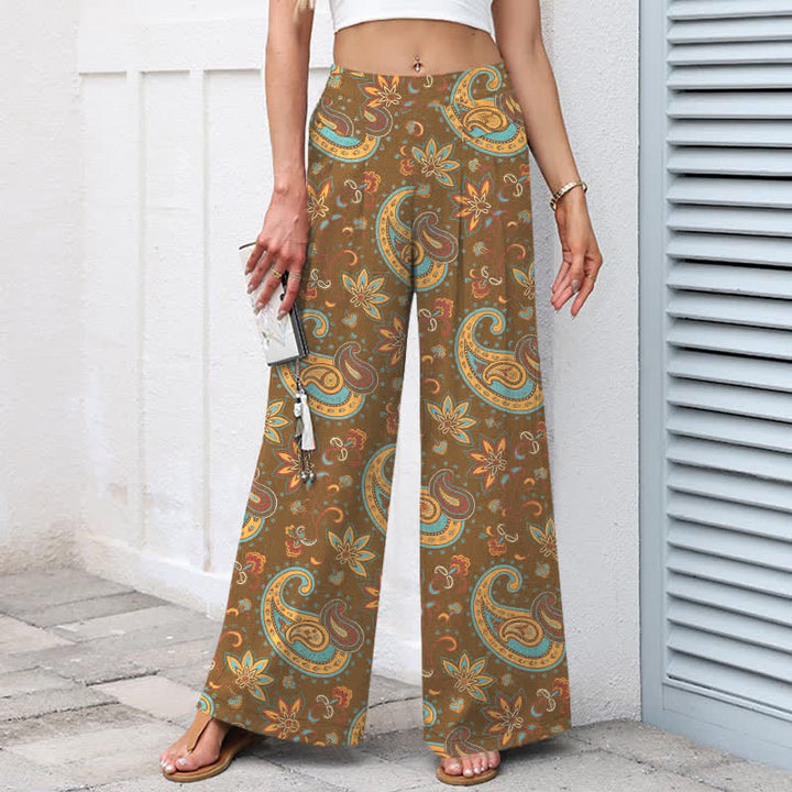 Buddha Stones Pantaloni da donna a gamba larga in cotone e lino con elastico in vita e motivo floreale paisley in stile bohémien, con tasche. - image 6