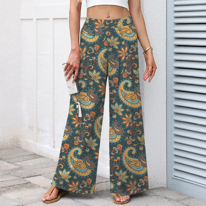 Buddha Stones Pantaloni da donna a gamba larga in cotone e lino con elastico in vita e motivo floreale paisley in stile bohémien, con tasche. - image 8