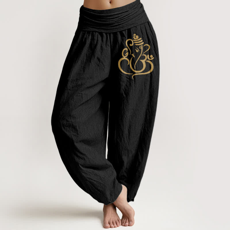 Buddha Stones Pantaloni harem da donna in puro cotone con motivo Ganesha dorato e vita elasticizzata. - Nero - US16, UK/AU20, EU48 (3XL) - image 0