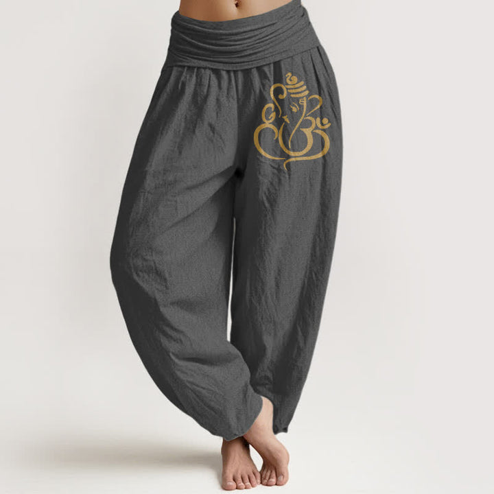 Buddha Stones Pantaloni harem da donna in puro cotone con motivo Ganesha dorato e vita elasticizzata. - Grigio tenue - US16, UK/AU20, EU48 (3XL) - image 8
