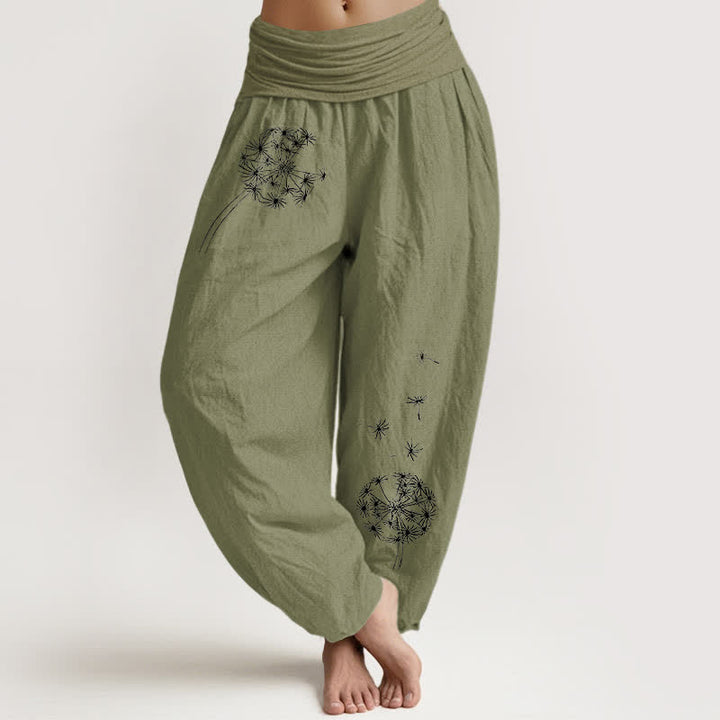Buddha Stones Pantaloni harem da donna in puro cotone con motivo a semi di tarassaco e elastico in vita. - Verde oliva - US16, UK/AU20, EU48 (3XL) - image 11