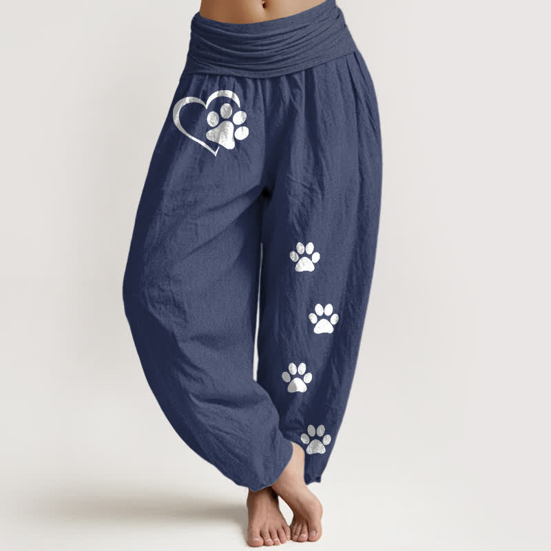 Buddha Stones Pantaloni harem da donna in puro cotone con stampa a cuori e zampe, elastico in vita. - Blu ardesia scuro - US16, UK/AU20, EU48 (3XL) - image 5