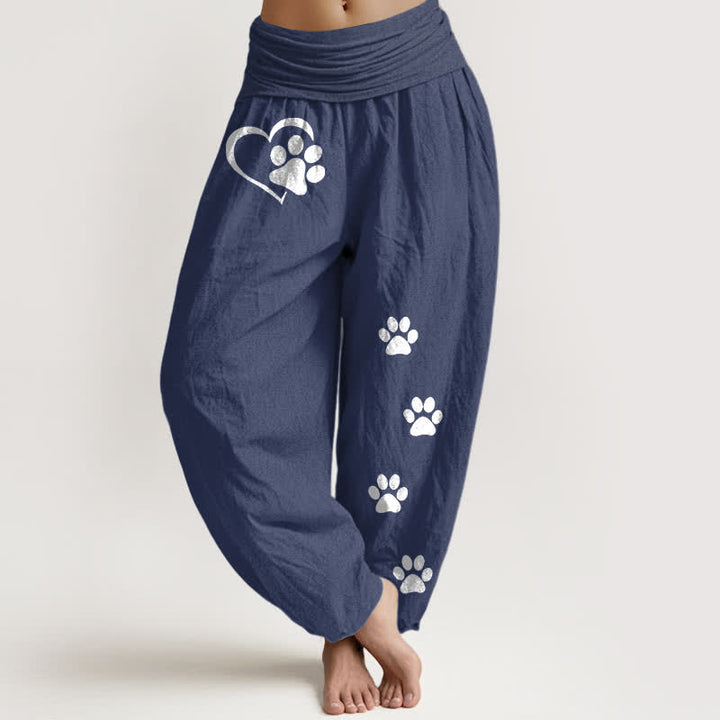 Buddha Stones Pantaloni harem da donna in puro cotone con stampa a cuori e zampe, elastico in vita. - Blu ardesia scuro - US16, UK/AU20, EU48 (3XL) - image 5