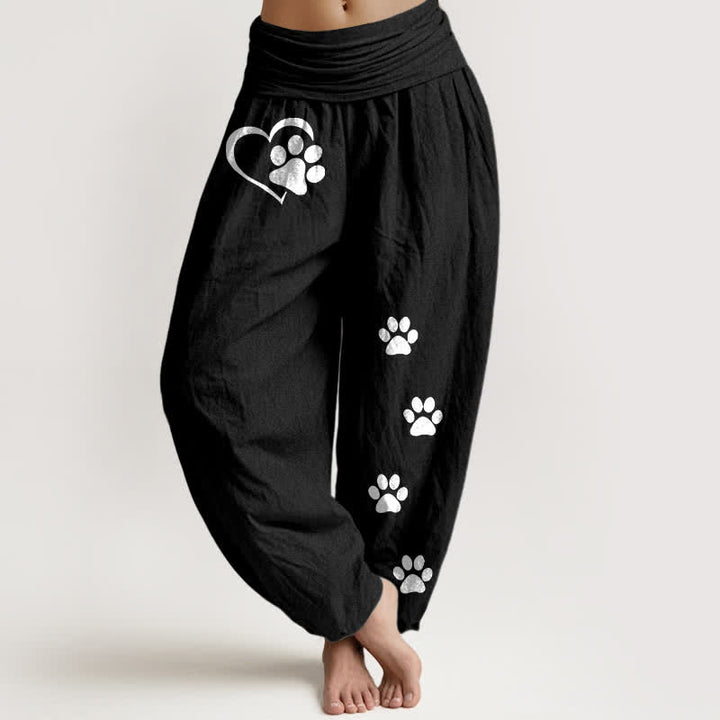 Buddha Stones Pantaloni harem da donna in puro cotone con stampa a cuori e zampe, elastico in vita. - Nero - US16, UK/AU20, EU48 (3XL) - image 0