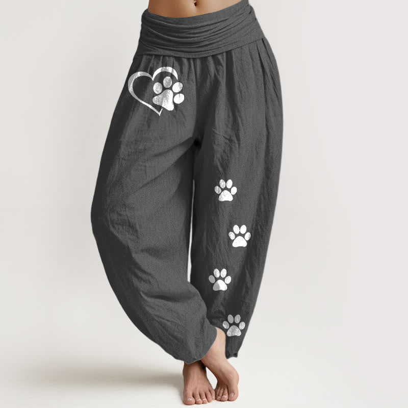 Buddha Stones Pantaloni harem da donna in puro cotone con stampa a cuori e zampe, elastico in vita. - Grigio tenue - US16, UK/AU20, EU48 (3XL) - image 8