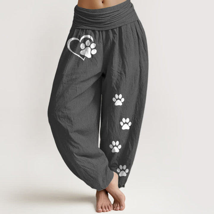 Buddha Stones Pantaloni harem da donna in puro cotone con stampa a cuori e zampe, elastico in vita. - Grigio tenue - US16, UK/AU20, EU48 (3XL) - image 8