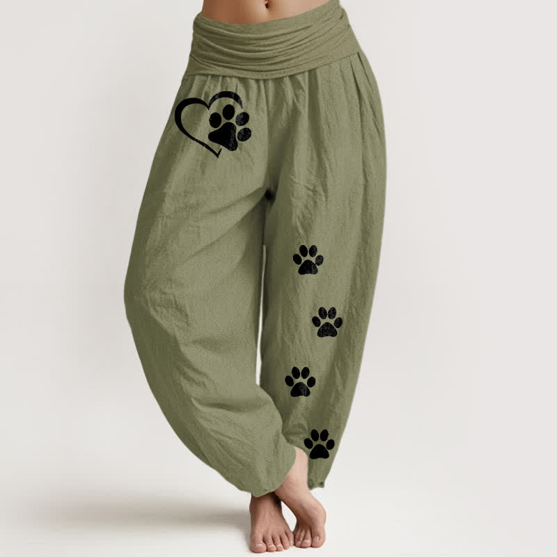 Buddha Stones Pantaloni harem da donna in puro cotone con stampa a cuori e zampe, elastico in vita. - Verde oliva - US16, UK/AU20, EU48 (3XL) - image 11