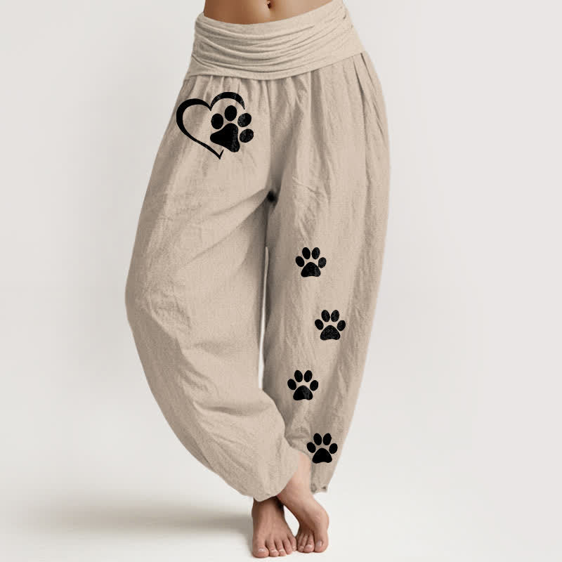 Buddha Stones Pantaloni harem da donna in puro cotone con stampa a cuori e zampe, elastico in vita. - Tan - US16, UK/AU20, EU48 (3XL) - image 14