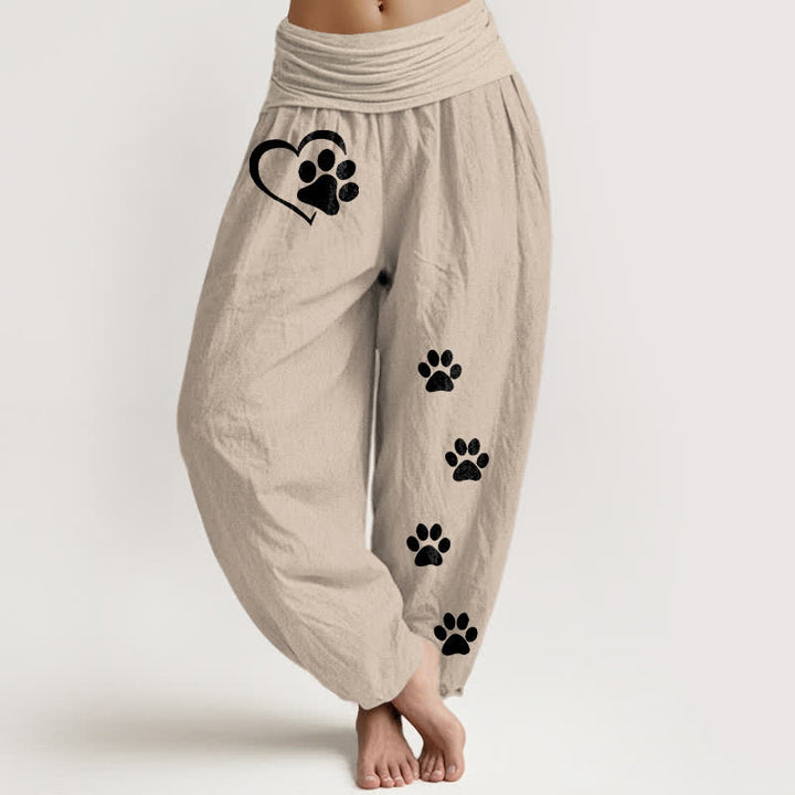 Buddha Stones Pantaloni harem da donna in puro cotone con stampa a cuori e zampe, elastico in vita. - Tan - US16, UK/AU20, EU48 (3XL) - image 14
