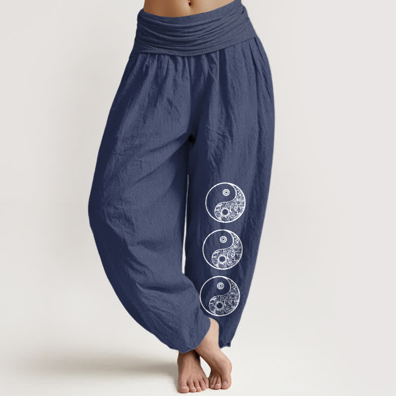 Buddha Stones Pantaloni harem da donna in puro cotone con motivo Yin Yang e elastico in vita. - Blu ardesia scuro - US16, UK/AU20, EU48 (3XL) - image 8