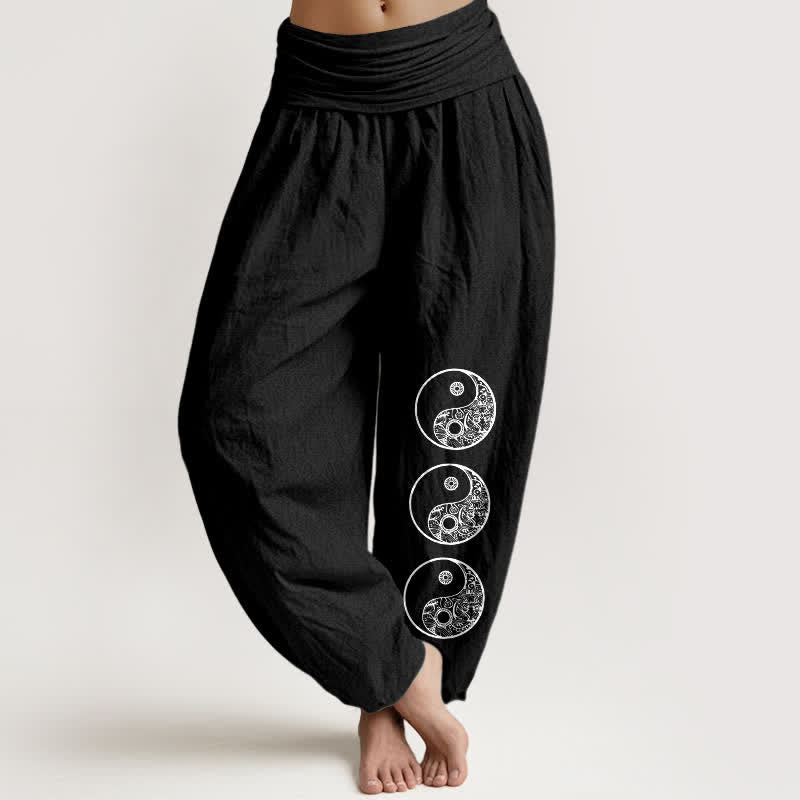Buddha Stones Pantaloni harem da donna in puro cotone con motivo Yin Yang e elastico in vita. - Nero - US16, UK/AU20, EU48 (3XL) - image 5