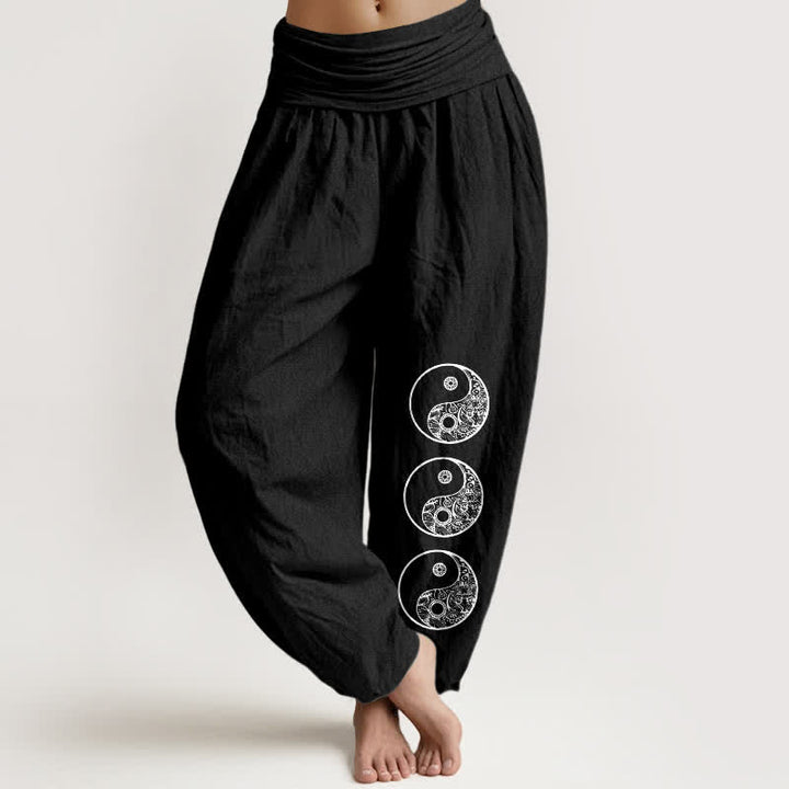 Buddha Stones Pantaloni harem da donna in puro cotone con motivo Yin Yang e elastico in vita. - Nero - US16, UK/AU20, EU48 (3XL) - image 5