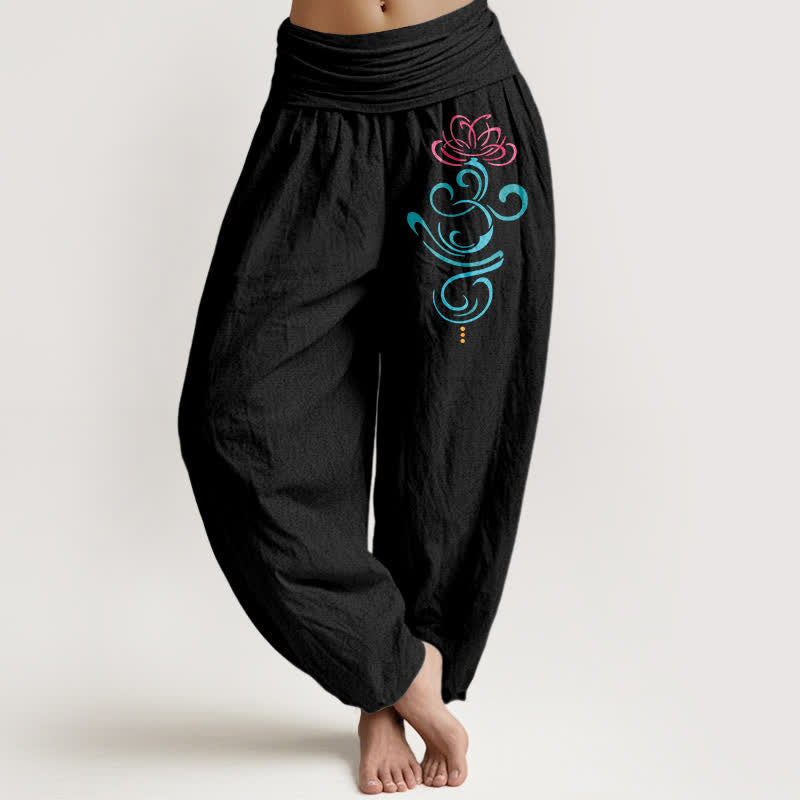 Buddha Stones Pantaloni harem da donna in puro cotone con motivo a vite di loto e elastico in vita. - Nero - US16, UK/AU20, EU48 (3XL) - image 0