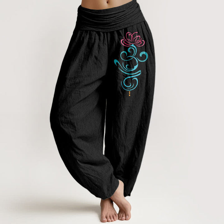Buddha Stones Pantaloni harem da donna in puro cotone con motivo a vite di loto e elastico in vita. - Nero - US16, UK/AU20, EU48 (3XL) - image 0