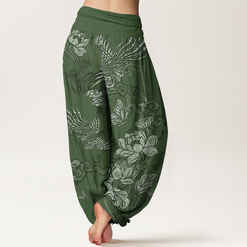 Buddha Stones Pantaloni harem da donna in cotone con motivo a uccelli di loto e elastico in vita. - image 1