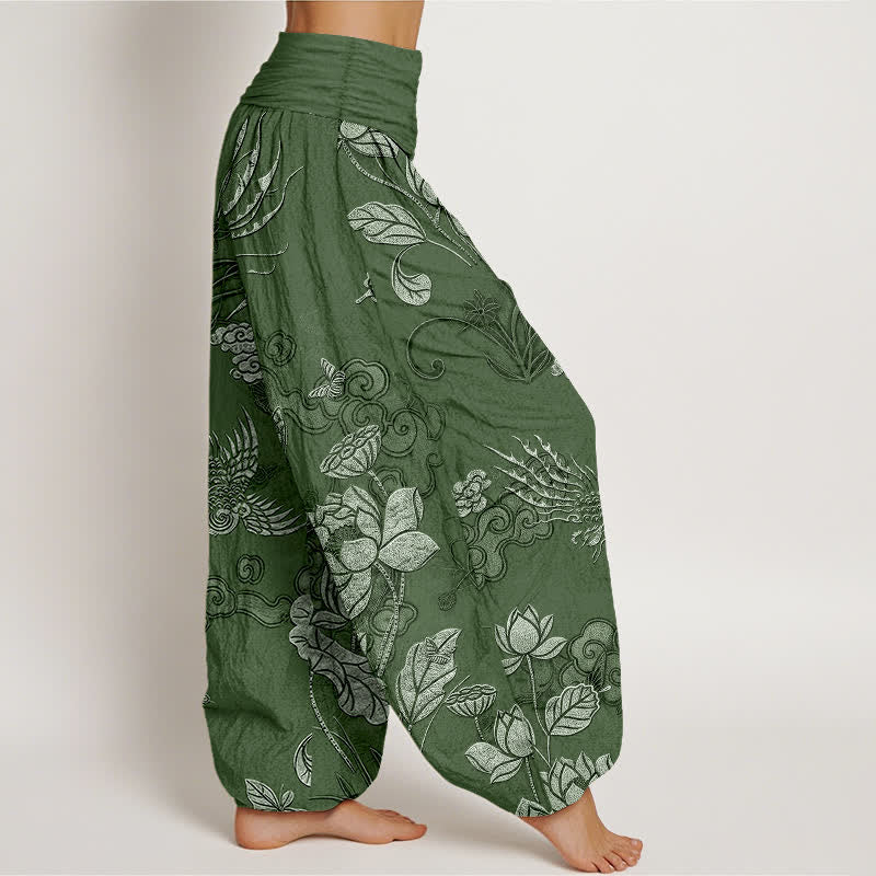 Buddha Stones Pantaloni harem da donna in cotone con motivo a uccelli di loto e elastico in vita. - image 2