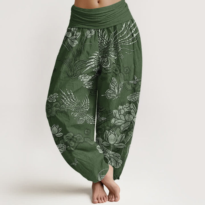 Buddha Stones Pantaloni harem da donna in cotone con motivo a uccelli di loto e elastico in vita. - Verde studentesco - US16, UK/AU20, EU48 (3XL) - image 0