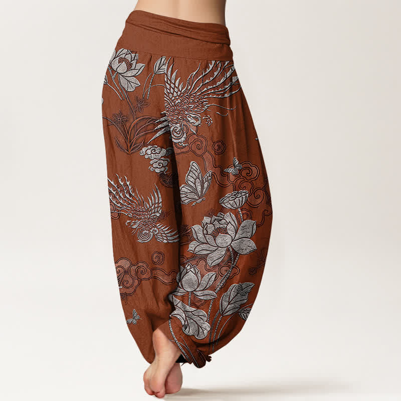Buddha Stones Pantaloni harem da donna in cotone con motivo a uccelli di loto e elastico in vita. - image 9