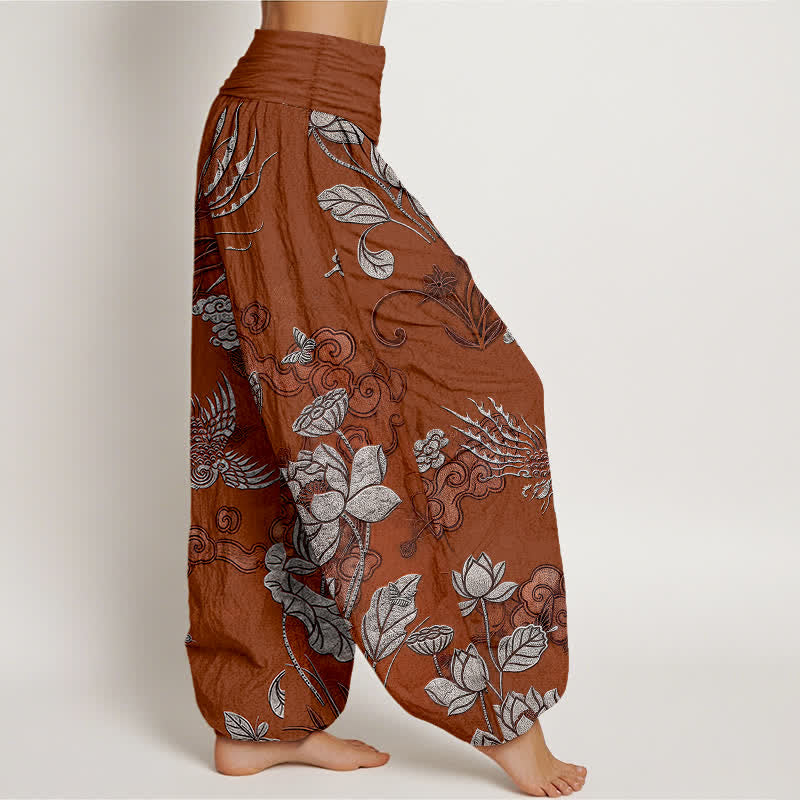 Buddha Stones Pantaloni harem da donna in cotone con motivo a uccelli di loto e elastico in vita. - image 10