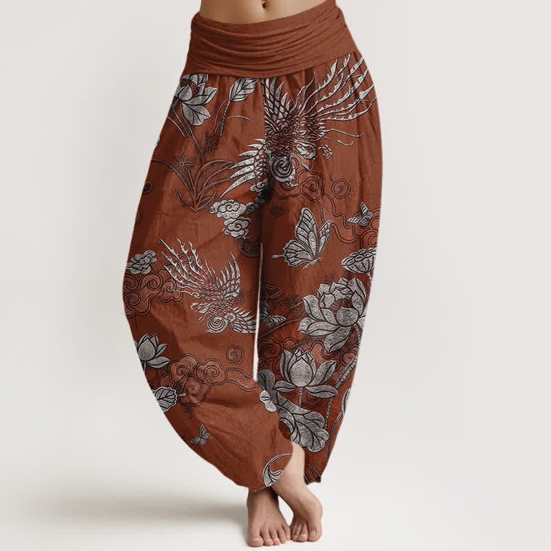 Buddha Stones Pantaloni harem da donna in cotone con motivo a uccelli di loto e elastico in vita. - Siena - US16, UK/AU20, EU48 (3XL) - image 8