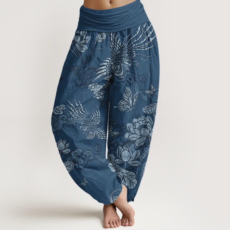Buddha Stones Pantaloni harem da donna in cotone con motivo a uccelli di loto e elastico in vita. - SteelBlue - US16, UK/AU20, EU48 (3XL) - image 5