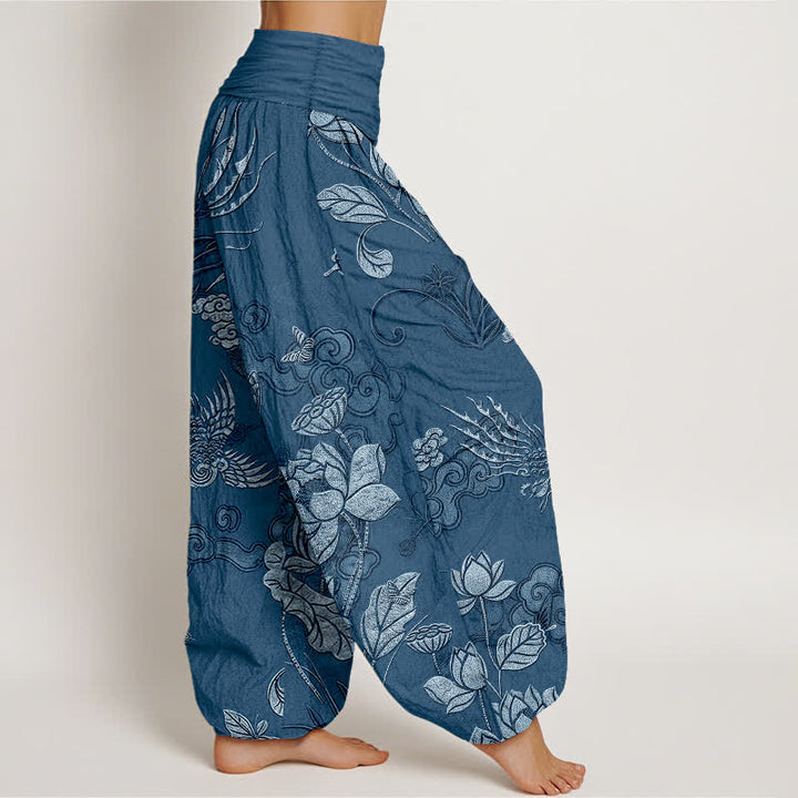 Buddha Stones Pantaloni harem da donna in cotone con motivo a uccelli di loto e elastico in vita. - image 7