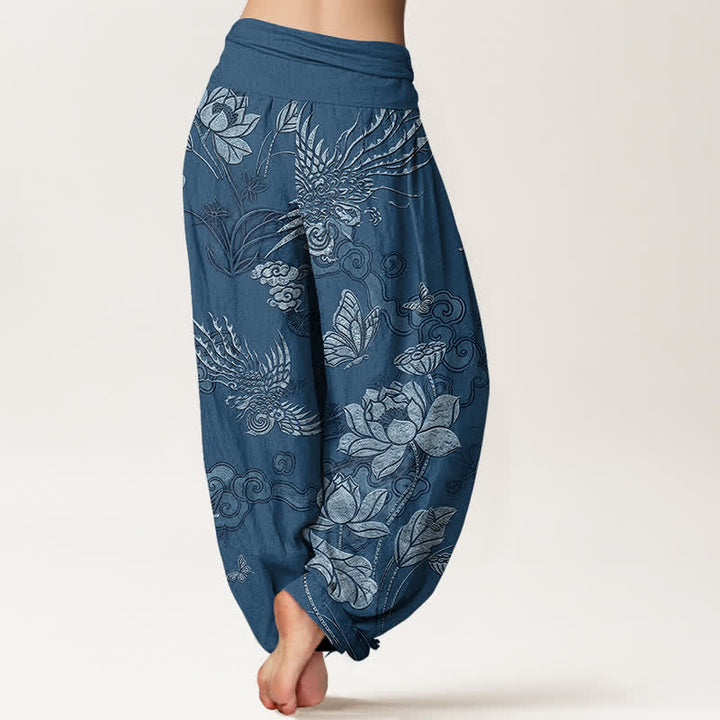 Buddha Stones Pantaloni harem da donna in cotone con motivo a uccelli di loto e elastico in vita. - image 6